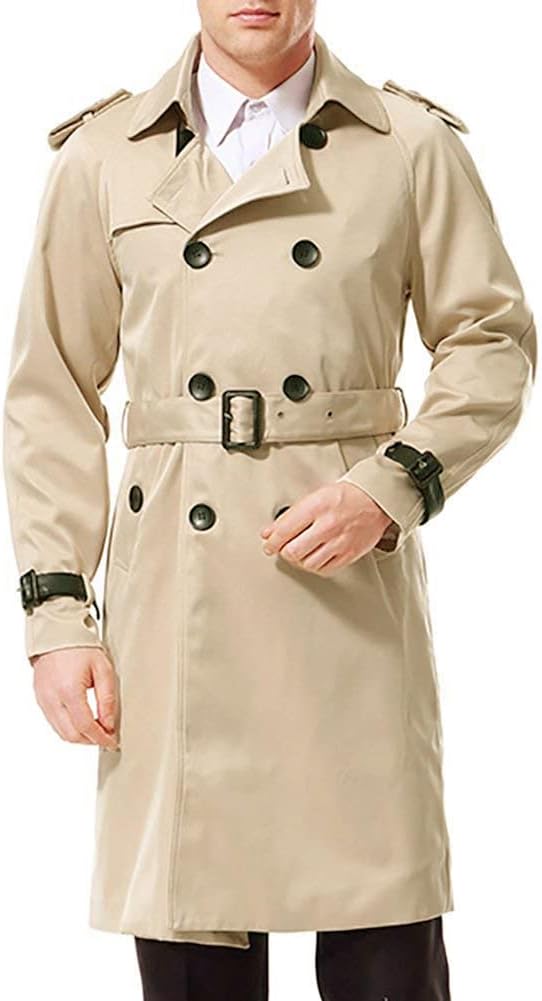 Men's Trench Coat Long Double Breasted Slim Fit Overcoat Jacket Military Trench Coat with Belt