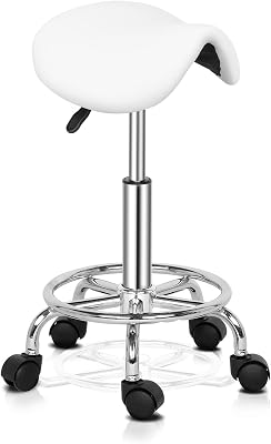 Bonnlo Adjustable Saddle Salon Stool Hydraulic Gas Lift Chair, Swivel Rolling Wheels & Ergonomic, for Hairdressing Manicure Tattoo SPA Beauty Therapy Bar Studio, White
