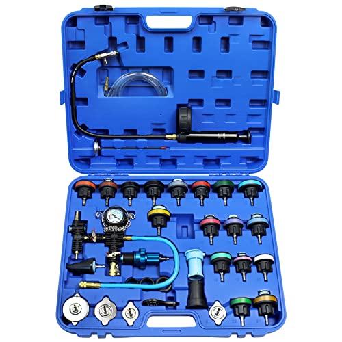 JoyFans Radiator Pressure Tester and Cooling System Pneumatic Vacuum Coolant Refill Tool 33Pcs Automotive Kit with Pressure Gauge, Radiator Adapters for Most Cars, Trucks, Airlift Blue