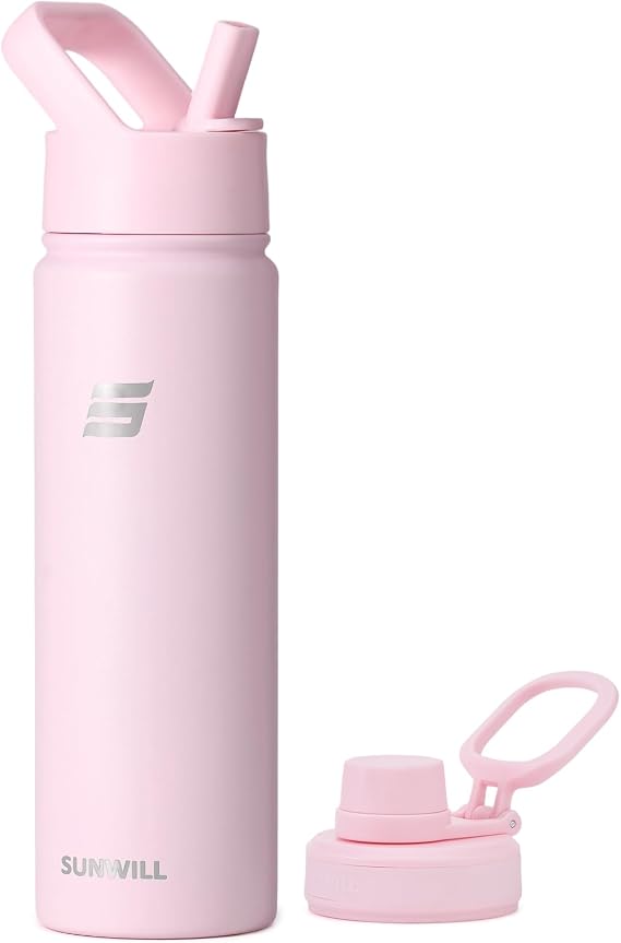 SUNWILL Metal Water Bottle with Straw Stainless Steel, 650ml Insulated Leakproof Thermal Flask with 2 Lids for Cold and Hot Drink, Running, Sports, Gym, Travel, Sakura
