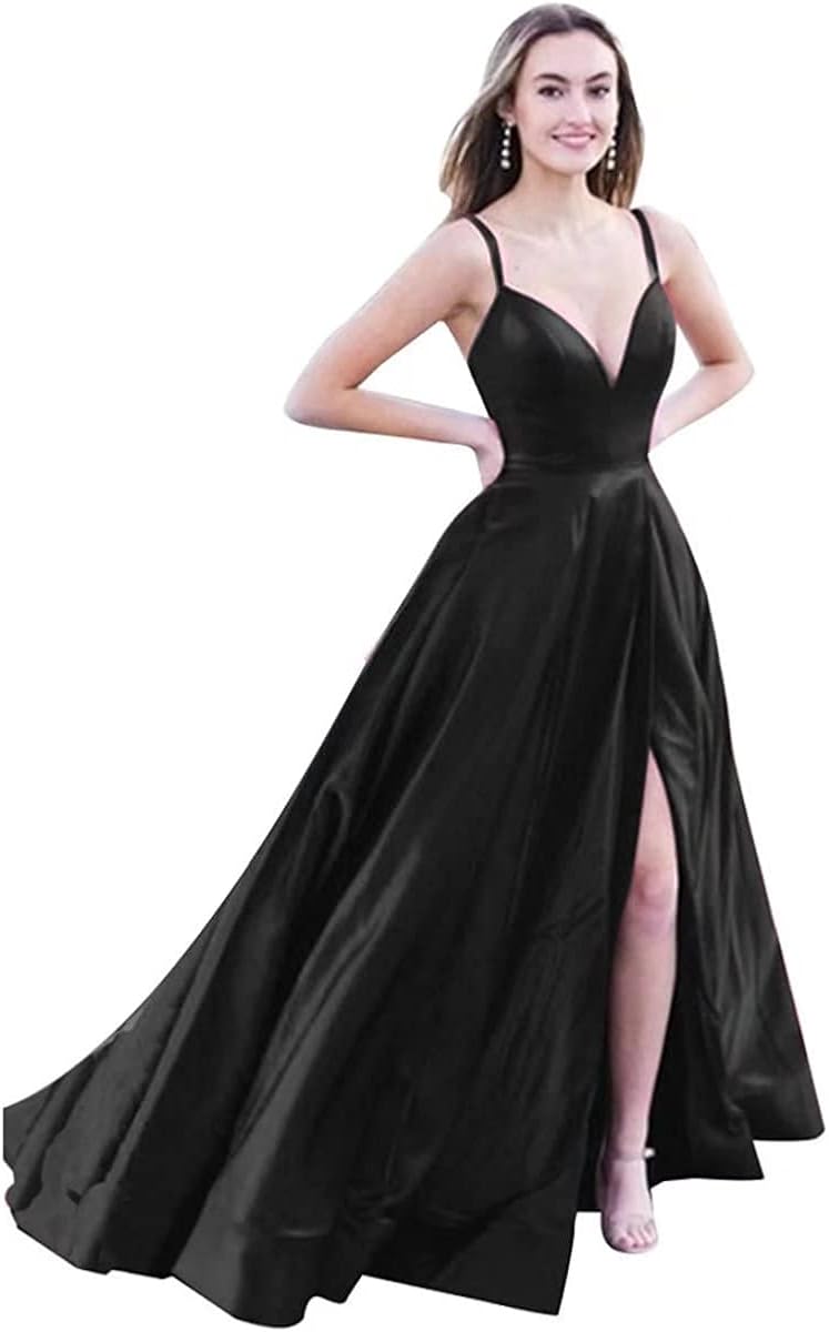 Spaghetti Strap Satin Prom Dress Ball Gown for Women Long Split Formal Wedding Guest Dresses