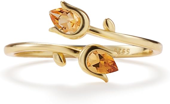 PERIMADE Gold Citrine Opal Tulip Ring for Women, Adjustable Tulip Flower Stacking Bypass Open Band, Gold Plated Floral Open Ring Hypoallergenic 925 Sterling Silver Jewelry for Birthday Anniversary