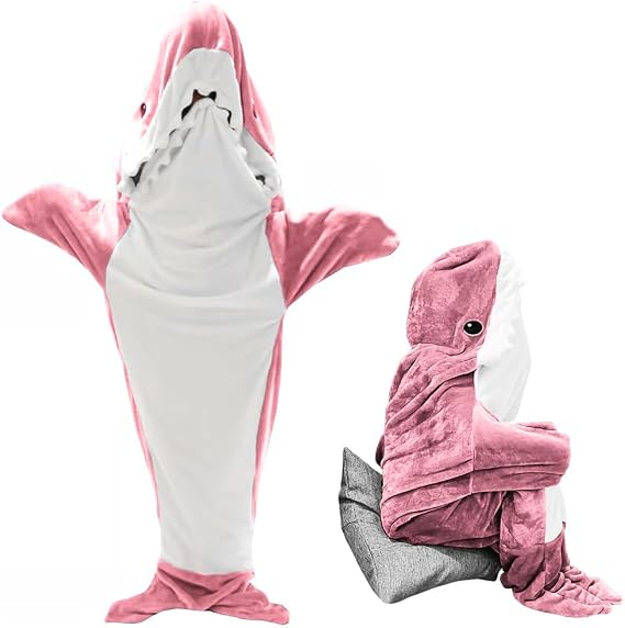 Shark Blanket Hoodie,Shark Blanket Sleeping Bag,Soft Flannel Shark Hoodie Blanket,Wearable Shark Onesie Blanket Suitable for Heights Less Than 59.1in (Pink, L)