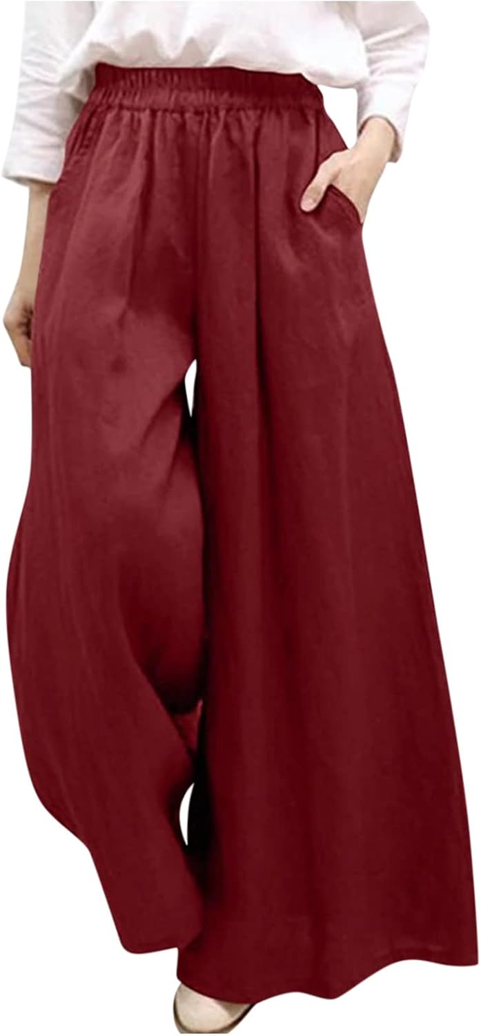 Women's Elastic High Waist Pant Straight Wide Leg Casual Baggy Palazzo Cotton Linen Trousers Soft Fit Yoga Sweatpant
