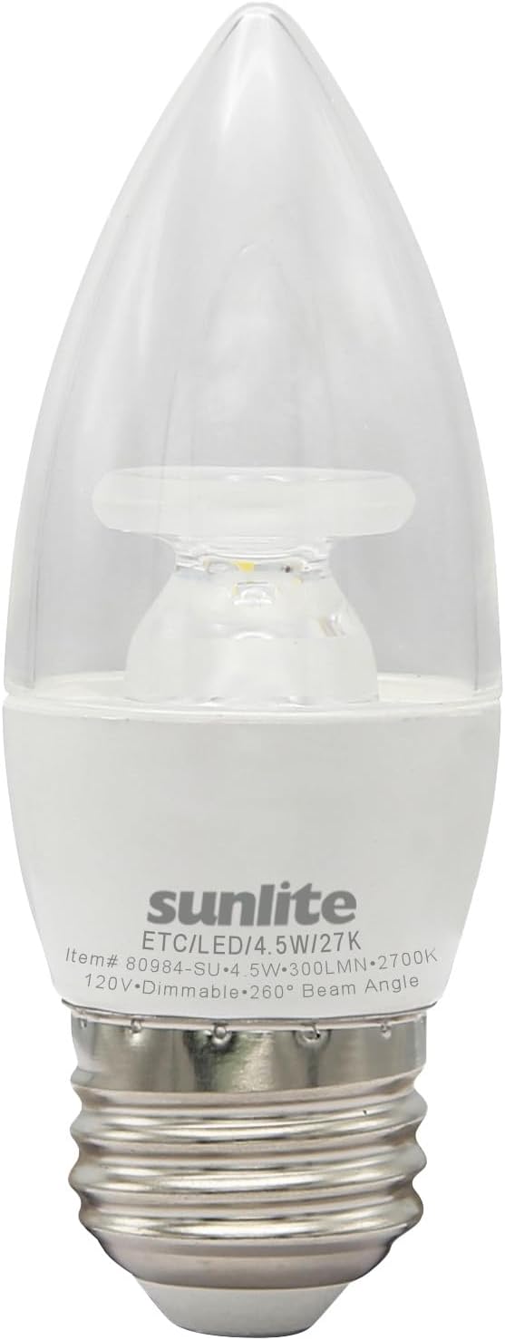 Sunlite LED B11 Clear Chandelier Light Bulb, 4.5 Watts (40W=), 300 Lumens, 120 Volts, Dimmable, Medium E26 Base, 90 CRI, ETL Listed, Torpedo Tip, 2700K Warm White, 1 Pack