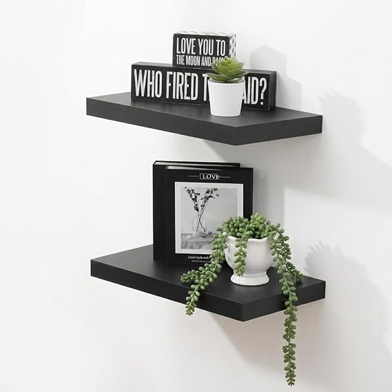WELLAND 15 Inch Floating Shelves, Set of 2 Wall Shelves for Display, Black