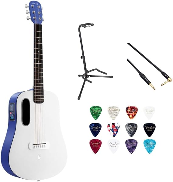 LAVA ME PLAY 36 Lite Bag Deep Blue/Frost White Bundle with Rok-It Tripod Guitar Stand, Kopul Premium Performance Series Right Angle Cable and Celluloid Guitar Picks Shape Medium 12-Pack