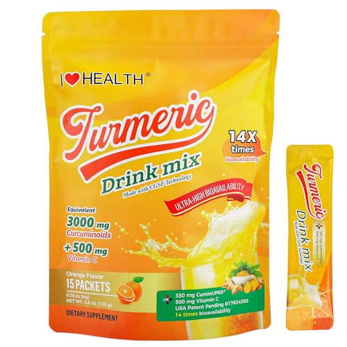 Turmeric Shot Drink Mix 3000mg Curcuminoids with 14X Bioavailable CuminUP60 Patent Pending & Vitamin C Sugar-Free, Vegan Joint & Immune Support 15 Instant Packets