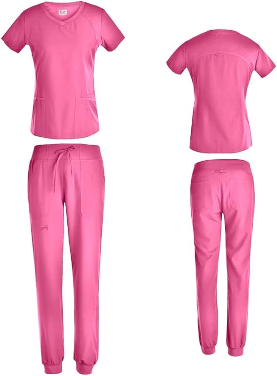 Stretch Medical Scrubs for Women Set V-Neck Rib Top with 6 Pocket Jogger Pants
