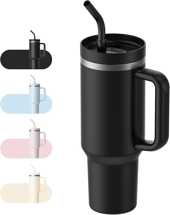 LEIKEEGO Travel Mug Coffee Cup, 1200ml/40oz Tumbler with Straw and Lid, Stainless Steel Double Wall Vacuum Insulated Coffee Cup with Handle-Keeps Cold for 24H-Hot for 12H(Black)