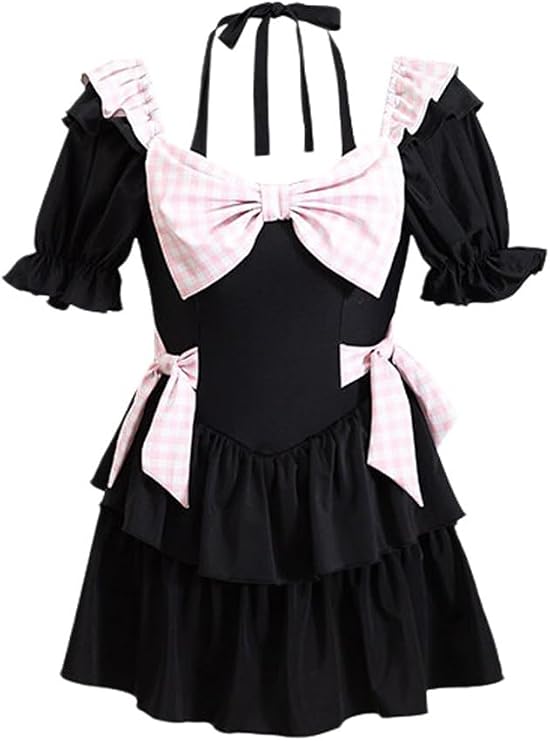 One Piece Swimsuit Dress Black Pink Swim Dress Kawaii Swimwear Bathing Suit for Women
