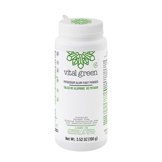 Vital Green Natural Powder Deodorant of Crystal Stone Alum (Potassium) - Unscented - Body or Feet Use - 100 g - 3.53 oz (1 Unit)