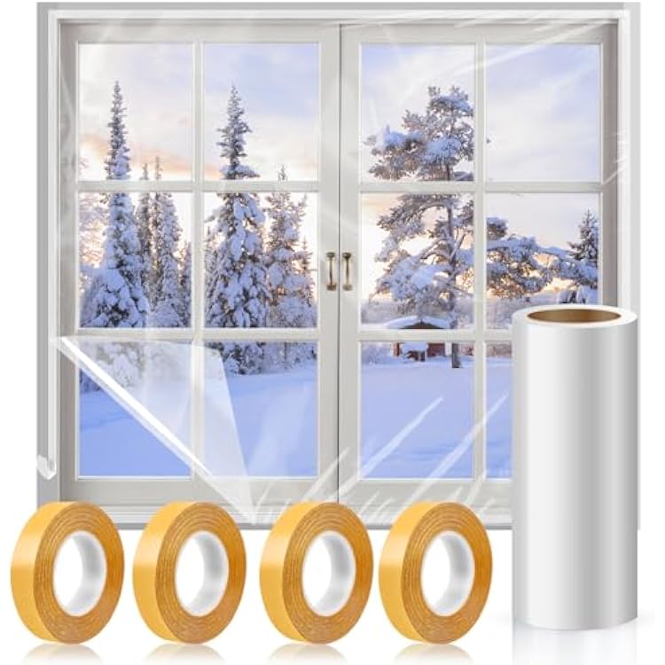 Window Insulation Kit, 87 394 Inch Plastic Window Coverings for Winter, Thicken Window Shrink Film Insulator Kit Windows Waterproof Winterizing with 4 Double-Sided Tape for 3 Pcs 7 x 9 Ft Windows