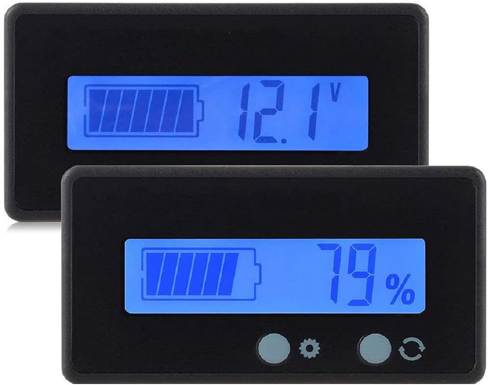 2pcs LCD Battery Capacity Monitor Gauge Meter,Waterproof 12V24V36V48V Lead Acid Battery Status Indicator,Lithium Battery Capacity Tester Voltage Meter Monitor Blue Backlit for Vehicle Battery