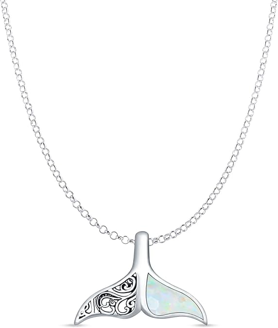 Lab Created White Opal Whale Tail Pendant 1mm Snake Chain Necklace Silver Jewelry For Women Oxidized Vintage Style Filigree 925 Sterling Silver 12.6mm Pendant Gift For Her