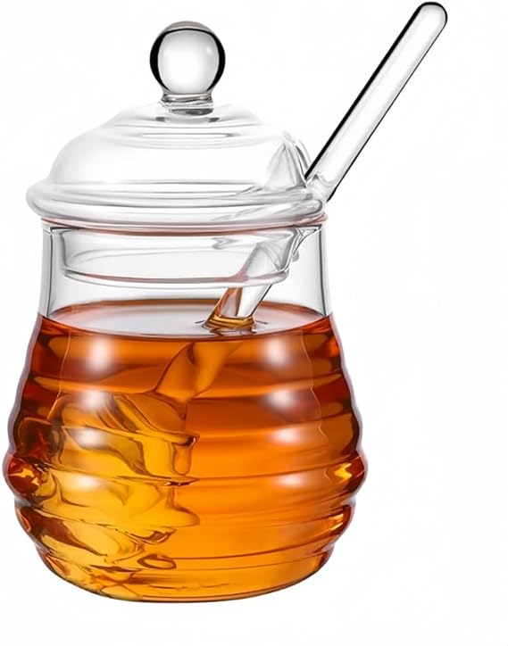 10 OZ Transparent Honey Jar with Dipper and Lid | Glass Beehive Style Honey Pot for Home Kitchen Store Honey and Syrup