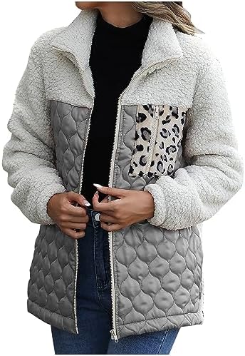 Winter Jackets for Women 2024 Zip Up Fleece Coats Leopard Print Quilted Jacket Fashion Casual Outwear with Pockets