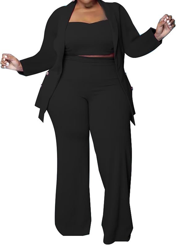 Women Plus Size Pants Suits 3 Piece Set Long Sleeve Blazer Pants Suit Sets Dressy Business Casual Office Work Outfits