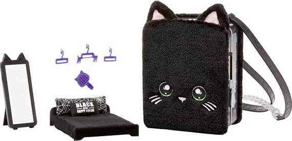 Na Na Na Surprise 3-in-1 Backpack Bedroom Playset with Fashion Doll Tuesday Meow in Exclusive Outfit | Black Fuzzy Kitty Bag, Real Mirror, Closet with Drawer, Pillows, Blanket | Kids Ages 5+