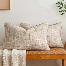 a moment Khaki Reversible Pillow Covers 2 Pack - Farmhouse Chenille Throw Pillows, Neutral Textured Decorative Throw Pillow Covers with Border for Couch Sofa Bed (12x20 Inch, No Insert)