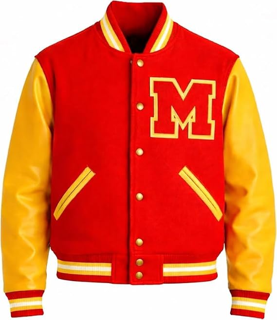 Men's Red Wool Bomber Jacket with Yellow Faux Leather Sleeves, MJ Thriller Jacket, Letterman Jacket, and stylish outerwear