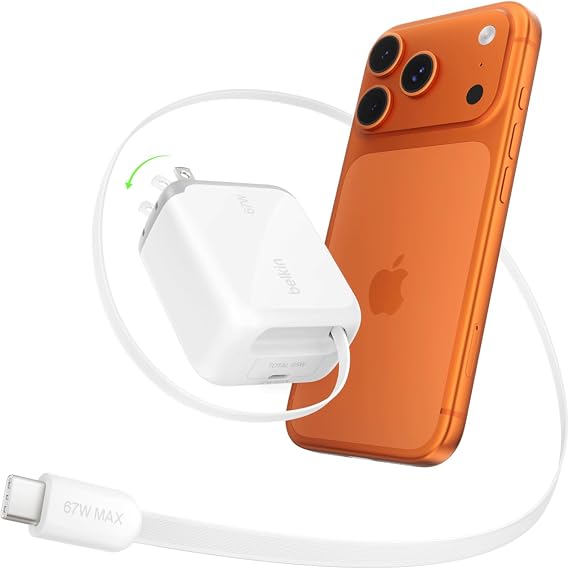 Belkin 67W GaN USB C Retractable Charger Block Fast Charging for Travel