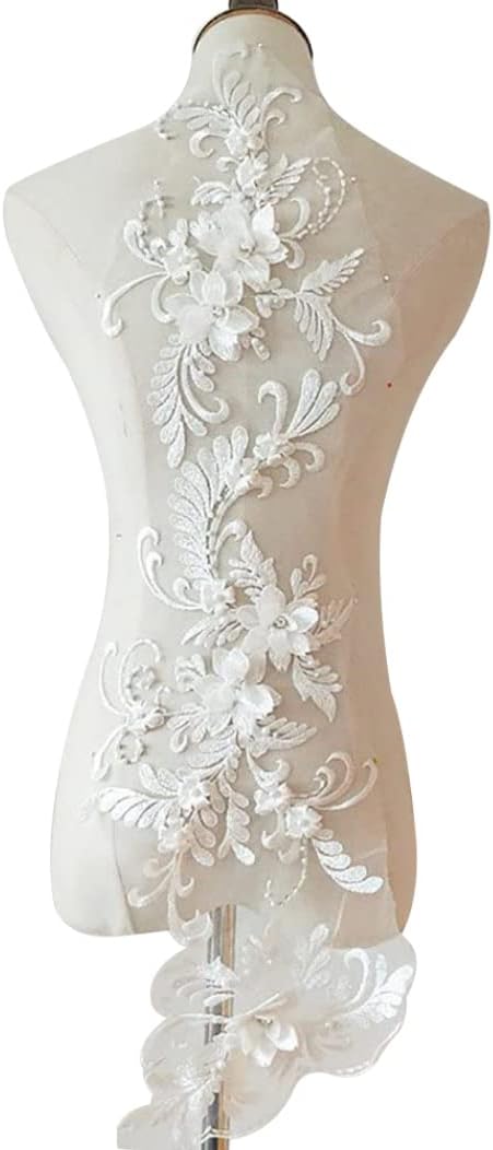 Lace Trim, Blossom Flower Applique, Beaded Sequins Flower LACE Patch Bridal Wedding Dress Embossed Beading Embroidery lace Appliques Motif Sewing Craft White