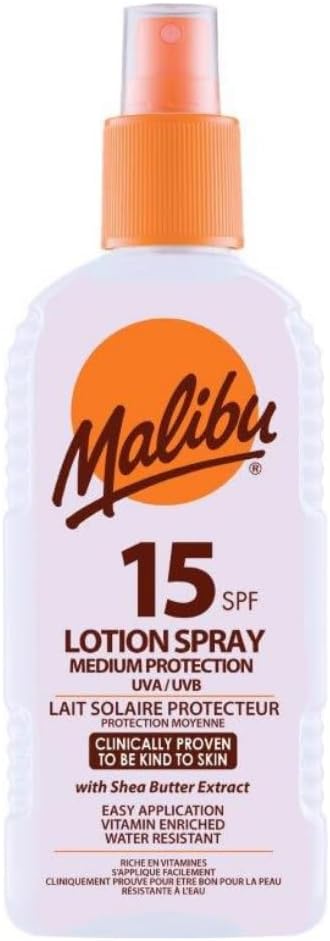 Malibu Sun SPF 15 Lotion Spray, Medium Protection Sun Cream, Water Resistant, Vitamin Enriched, with Shea Butter Extract, 200ml