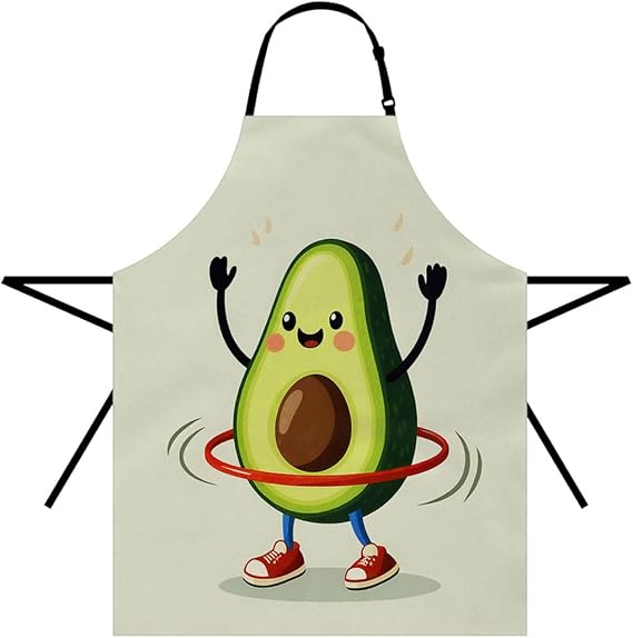 Moslion Fruit Apron 31x27 Inch Cute Avocado Doing Exercise with Hula Hoop Kitchen Chef Waitress Cook Aprons Bib with Adjustable Neck for Women Men Girls Green