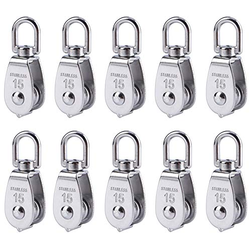 Rocaris 10 Pcs 304 Stainless Steel M15 Single Pulley Block, Wire Rope Crane, Lifting Crane Swivel Hook Pulley Block Hanging Wire Towing Wheel