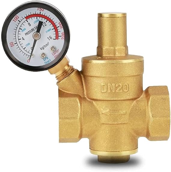 Brass Water Pressure Reducing Valve, Adjustable Pressure Regulator, Brass Pressure Regulator, DN20 G3/4 inch with Meter, 1/2 Inch Thread for Home, Garden, and Plumbing Systems