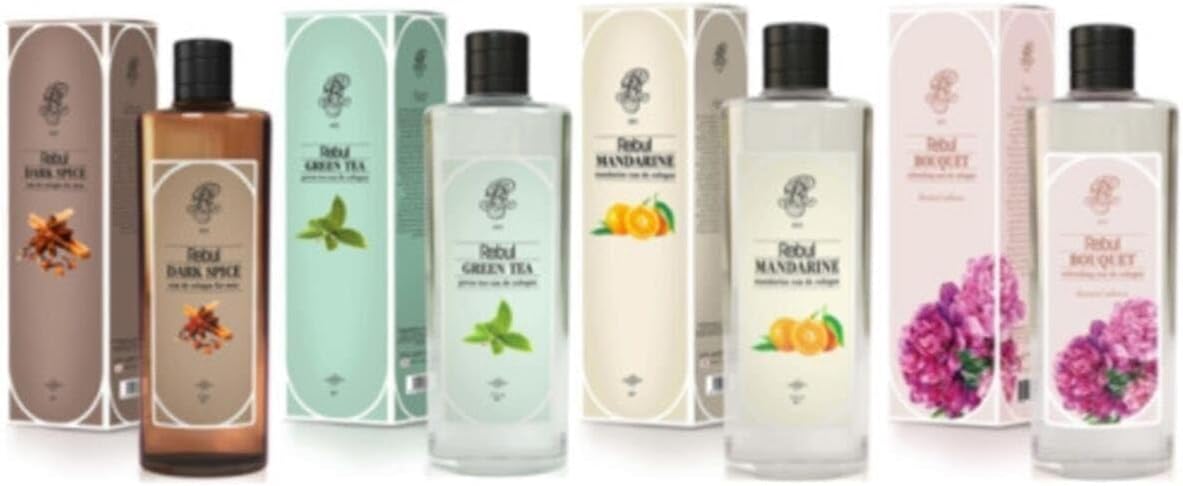 Rebul Kolonya Karışık Set, 270 ml x 4 Adet, Dark Spice, Green Tea, Mandarine, Buket 8680556666006