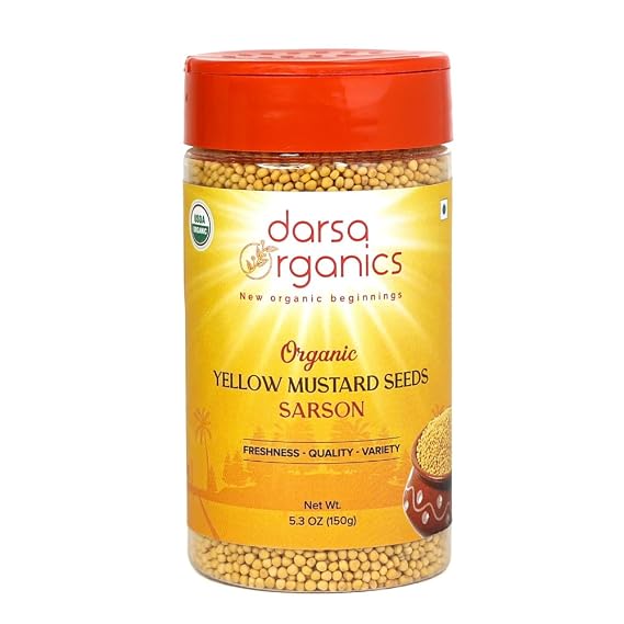 Darsa Organics Yellow Mustard Seed 5.3oz USDA Organic, Non-GMO, Kosher, Gluten-Free Perfect for Pickling, Cooking, Sauces, Curries, Marinades, and Flavoring with Authentic Indian Spice