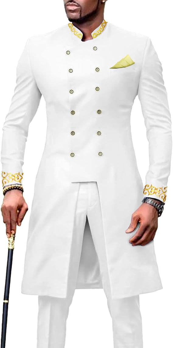 Men`s Suit African Clothing Dashiki Embroidery Jacket and Pants 2 Piece Set Dashiki Outwear Kerchief for Wedding