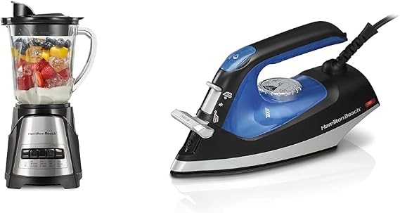 Hamilton Beach Power Elite Wave Action Blender For Shakes and Smoothies, Puree, Crush Ice & 2-in-1 Iron & Garment Steamer for Clothes with Continuous Steam Nozzle 5 Temperature