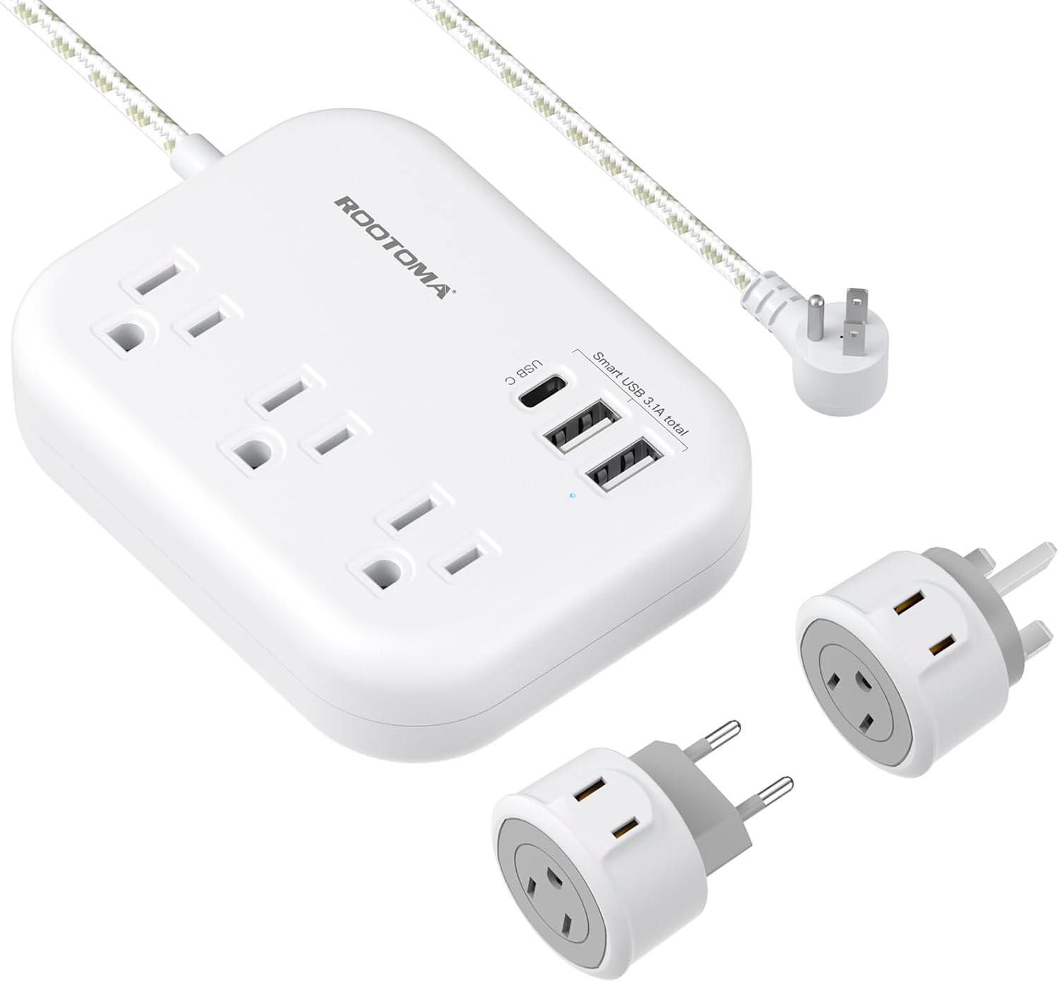European Travel Plug Adapter with USB C, International Plug Adapter with 3 AC Outlets and 3 USB Ports, Travel Power Adapter with 5ft Extension Cord for EU UK France Italy Germany Cruise