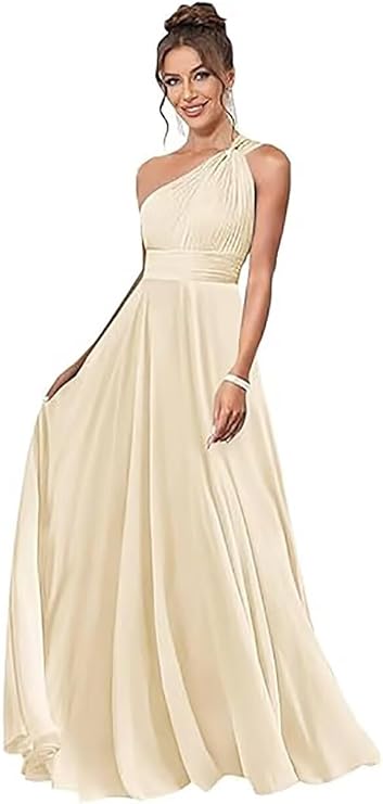Women Chiffon One Shoulder Bridesmaid Dresses Long A Line Pleated Long Formal Prom Dress