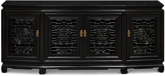 Elmwood Oriental Sideboard, 72 Inches, Longevity Design Carving, Black Finish