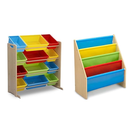 Delta Children Kids Toy Storage Organizer with 12 Plastic Bins - Greenguard Gold Certified & Sling Book Rack Bookshelf, 4-Tier Wooden Shelf with Soft Fabric Pockets