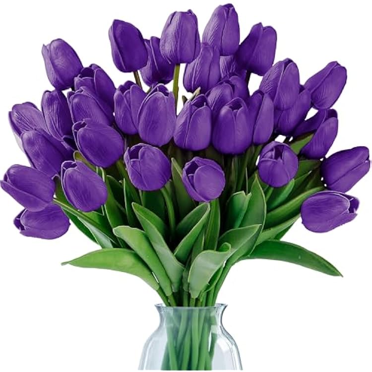 Sggvecsy 30 Pcs Fake Tulips Artificial Flowers Real Touch PU Faux Flowers Tulip Stems for Wedding Spring Bouquet Floral Arrangement Home Party Office Decorations for Mothers Day Purple