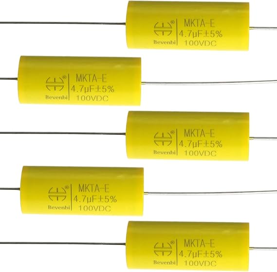 MEETOOT 5pcs Audio Frequency Divider Axial Capacitance MKTA-E 4.7J100V Polypropylene Film Capacitor for Audio Amplifier, Divider, Fan Lamp, Household Appliances, Car Speakers