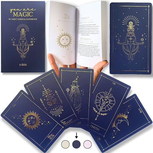 Soleia Original Tarot Cards Deck With Guide Book & Box | 78 Gold Foil Cards for Beginners & Experts | Modern Rider Waite Deck | Gifts for Adults | Blue