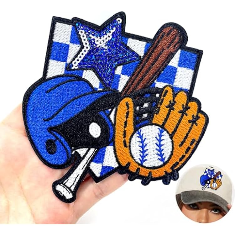 CY Embroidered Applique Baseball Cap Iron On Patches Cute League Gloves bat Sequin Star Funny DIY Craft Accessories for Clothing Backpacks Jackets Bag Hats,Blue