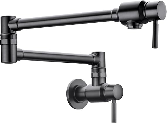 BAGNOLUX Traditional Wall Mount Single Hole Pot Filler Faucet, Black Stainless Pot Filler, Brass Kitchen Faucet Stove with 2 Lever Handles and Double Jointed Swing Arm, 23.4 Inch, Black Stainless-PVD