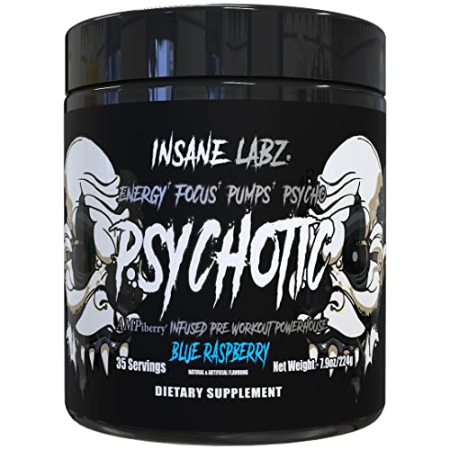 Insane Labz Psychotic Black Edition Mid Stimulant Pre Workout Powder, Energy Focus Pumps, Loaded with Creatine Beta Alanine Taurine Fueled by AMPiberry, 35 Servings Blue Raspberry