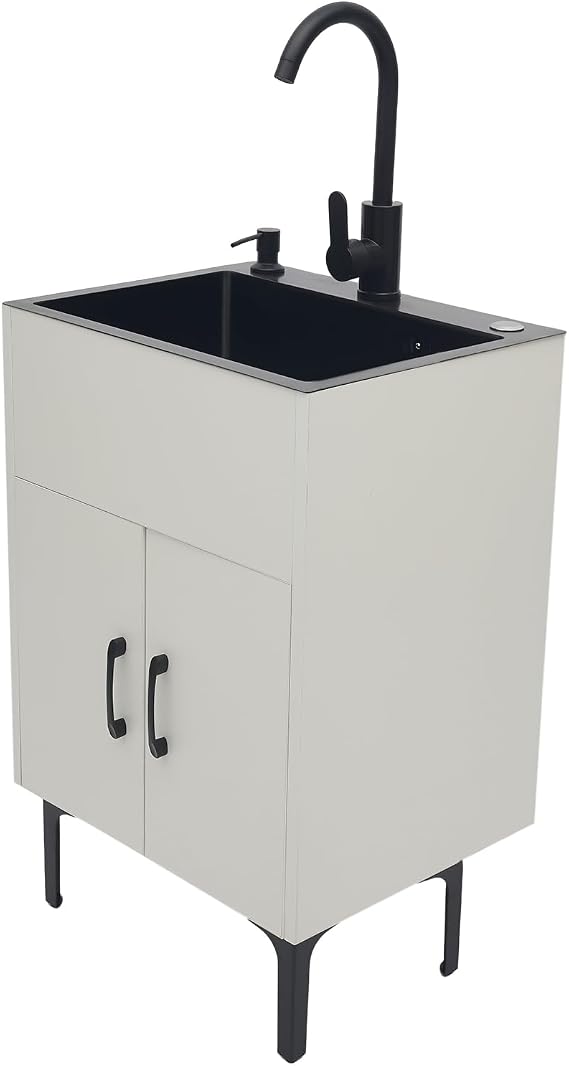 Laundry Sink with Cabinet, 30-Inch Stainless Steel Utility Sink with Cabinet 15.75"D x 19.69"W x 30.71"H Bathroom Vanity Cabinet Storage with Sink Combo with Drawers and Shelves (White)