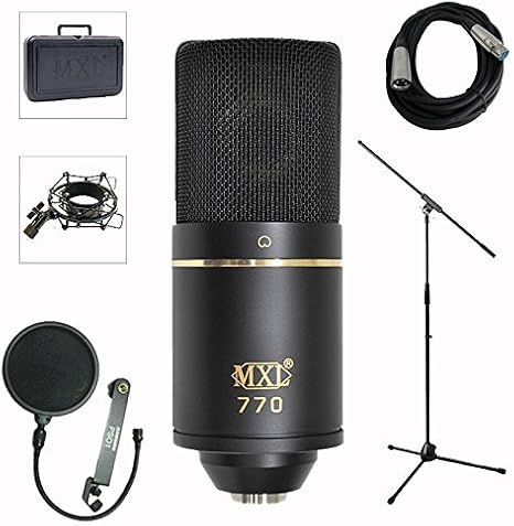 MXL 770 Professional Studio Condenser Mic + Mic Stand + Pop Filter + XLR Cable Bundle