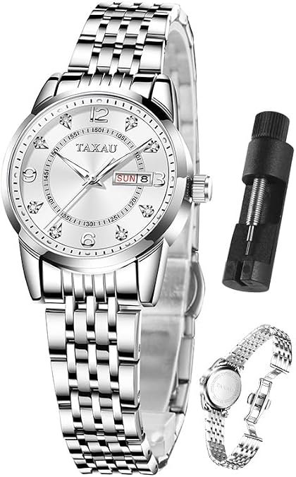 Taxau Gold Silver Two Tone Women Stainless Steel Watch Small Wrist ElegantDress Watch for Women Fashion Luxury Waterproof Day Date Analog Quartz Ladies Watches