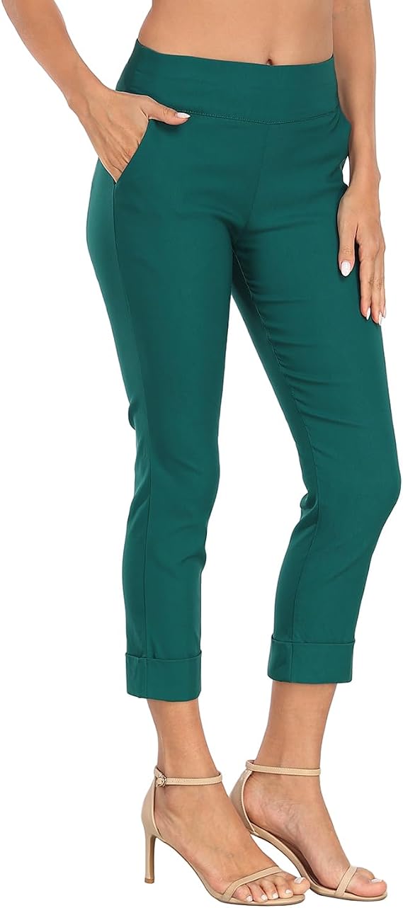 Pull On Capri Pants for Women Elastic Waist Work Casual Dress Cropped Pants with Pockets & Cuff