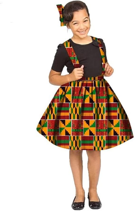 African Print High Waist Girl's Suspender Skirts A-Line Flared Skater Short Skirt Kids